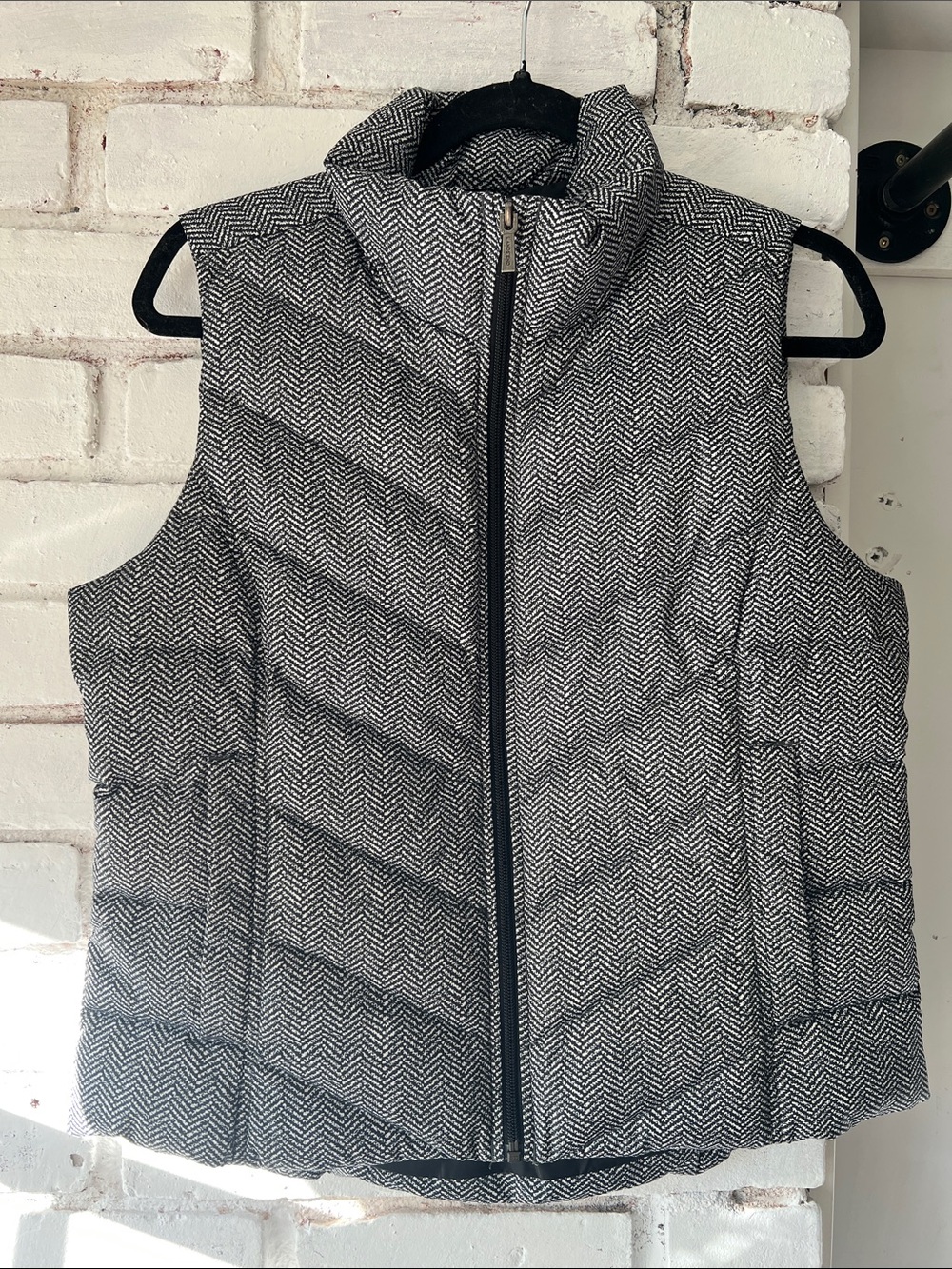 Lands' End Quilted Herringbone Vest - Black & White down insulated funnel neck
